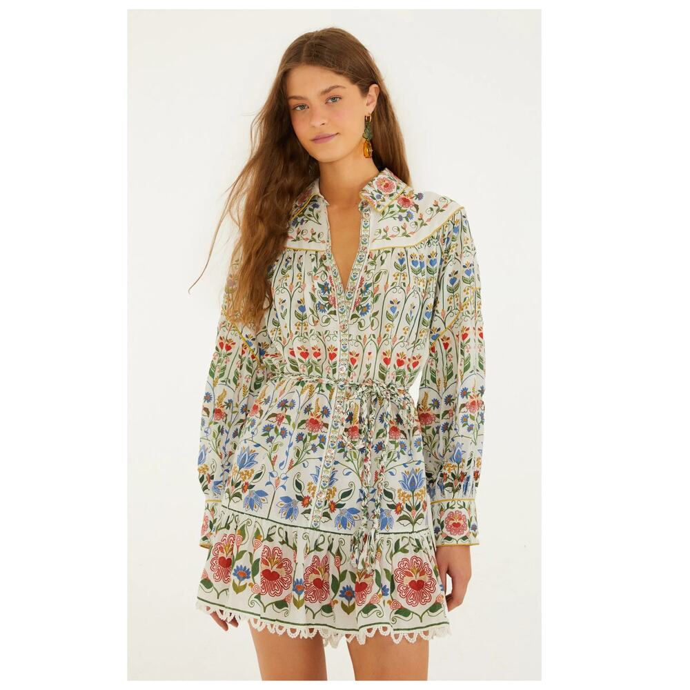 FARM Rio Stitched Garden Long Sleeve Cotton Blend Mini Shirtdress Size Medium